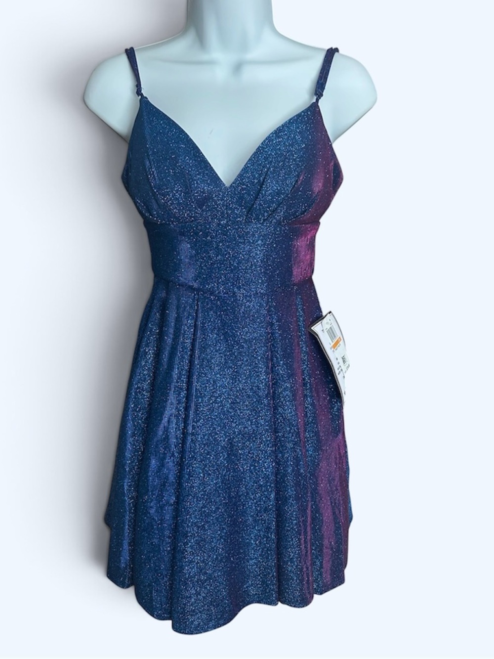 B Darlin' Size 3/4 Blue Sapphire Glitter-Knit Skater Party Mini Dress HOCO Prom - Picture 2 of 9